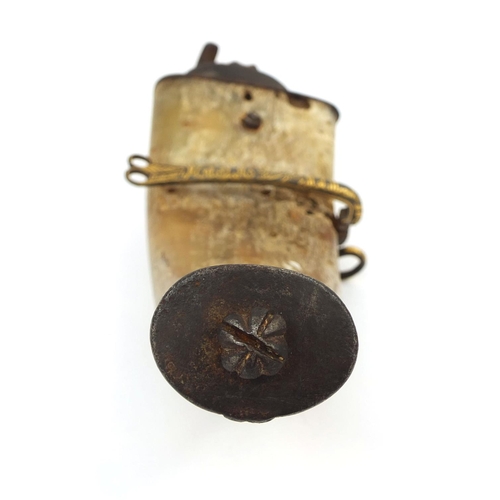 635 - Turkish ottoman horn powder flask the iron mounts with  gilt chased script, 24cm in length