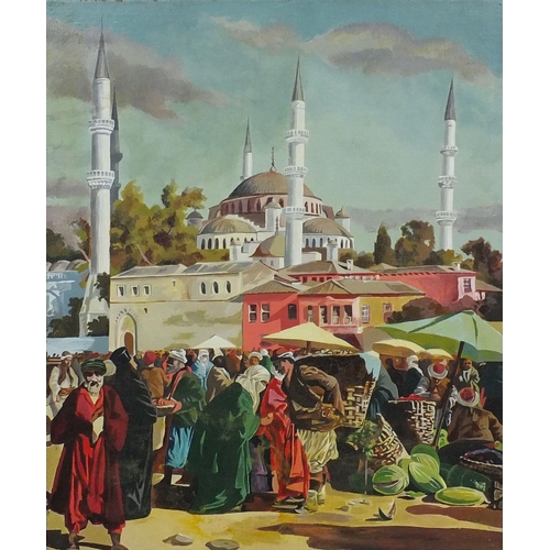 1128 - Unframed oil onto canvas, Istanbul market, inscribed Fowler verso, 51cm x 40cm
