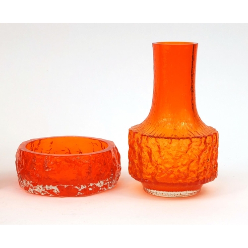 742 - Four Whitefriars tangerine textured glass vases, comprising two cylindrical examples and one of mall... 