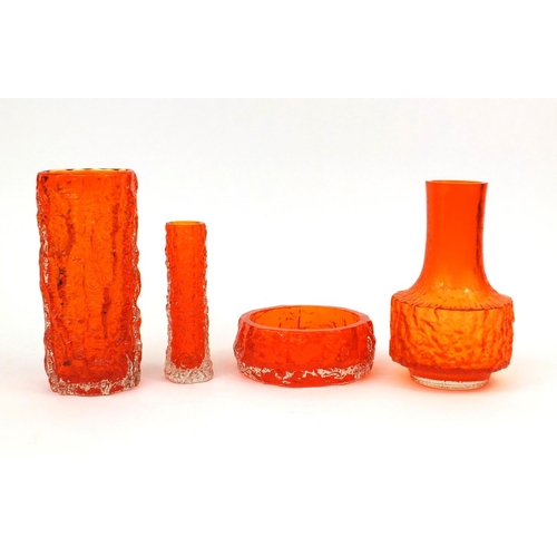 742 - Four Whitefriars tangerine textured glass vases, comprising two cylindrical examples and one of mall... 