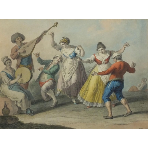 1116 - Saverio Della Gatta 1826 - Watercolour, La Tarantella, label verso mounted and framed, (PROVENANCE: ... 