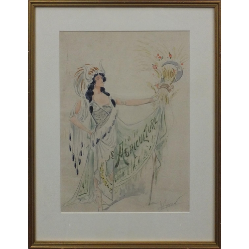 1185 - Art Nouveau pencil and watercolour, female holding a wheat sheaf, agriculture, bearing a signature J... 