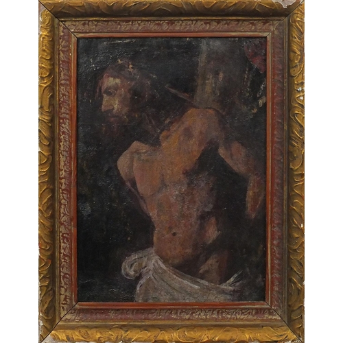 1224 - Oil onto canvas laid onto board, Christ on a Cross, gilt framed, 34cm x 24cm excluding the frame