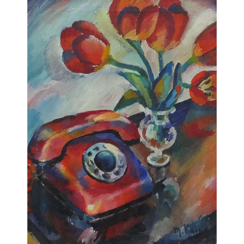 1119 - Oil onto canvas, still life dial telephone and flowers, bearing a signature M Karpenko, inscribed Ma... 