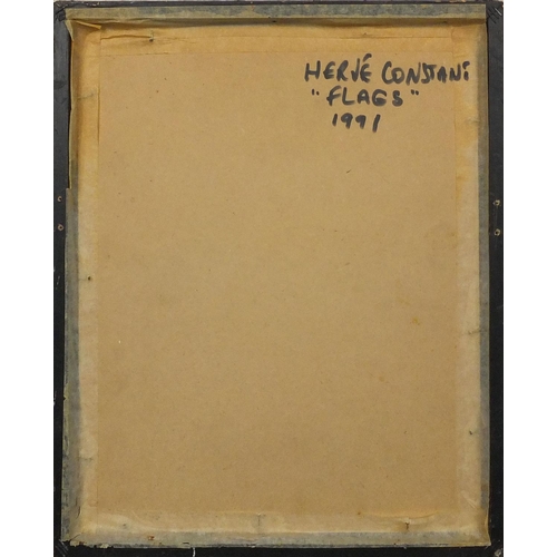 1290 - Hervé Constant 1991 - Oil, flags, titled and inscribed verso, mounted and framed, 18.5cm x 13cm excl... 