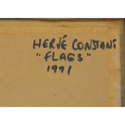 1290 - Hervé Constant 1991 - Oil, flags, titled and inscribed verso, mounted and framed, 18.5cm x 13cm excl... 