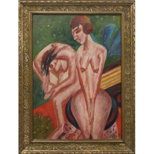 1221 - Oil onto canvas, surreal composition, two nude females, bearing an indistinct signature, framed, 45c... 