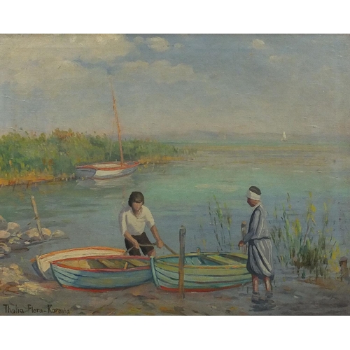 1279 - Oil onto canvas, figures mooring boats, bearing a signature Thalia Flora-Karavia, framed, 50cm x 40c... 