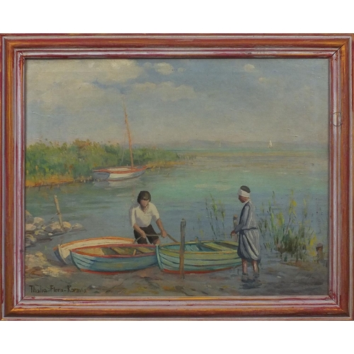 1279 - Oil onto canvas, figures mooring boats, bearing a signature Thalia Flora-Karavia, framed, 50cm x 40c... 