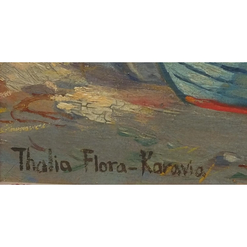 1279 - Oil onto canvas, figures mooring boats, bearing a signature Thalia Flora-Karavia, framed, 50cm x 40c... 