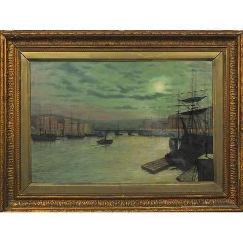 1194 - Oil onto canvas, moonlit dock, bearing a monogram WM, mounted and gilt framed, 60cm x 40cm excluding... 