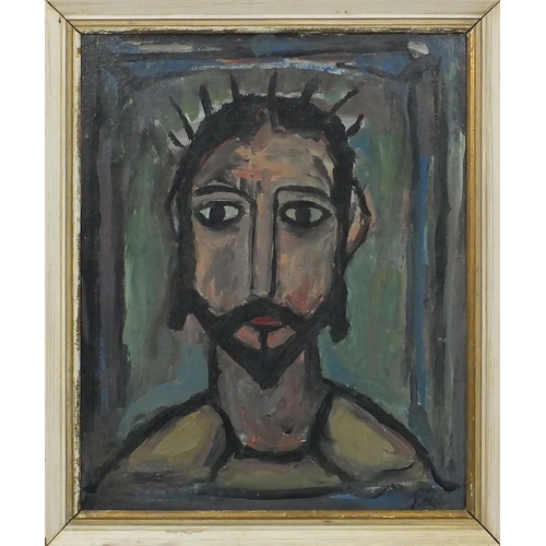 1229 - Oil onto canvas, head of Christ, bearing a monogram JR, titled verso, framed, 50cm x 39cm excluding ... 