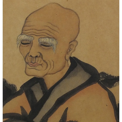 588 - Chinese watercolour, Monk meditating, with script and red seal marks, framed, 62cm x 38cm excluding ... 