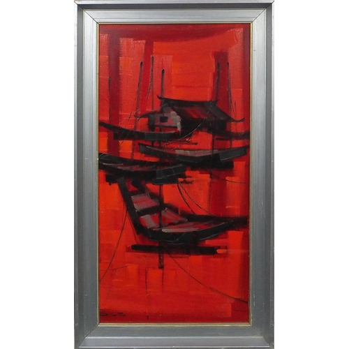 1209 - Oil onto board, abstract composition, fishing boats, bearing a monogram S.E.E, framed, 75cm x 37cm e... 