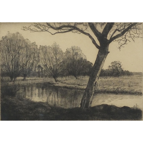 1277 - Alfred Richard Blundell - Pencil signed etching, the bend of the river, mounted and framed, 27cm x 2... 