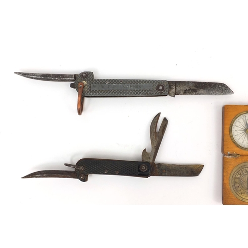 155 - Objects including two steel bladed folding knives and a pocket sun dial compass, the largest 17cm in... 