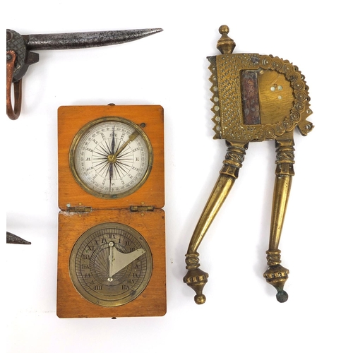 155 - Objects including two steel bladed folding knives and a pocket sun dial compass, the largest 17cm in... 