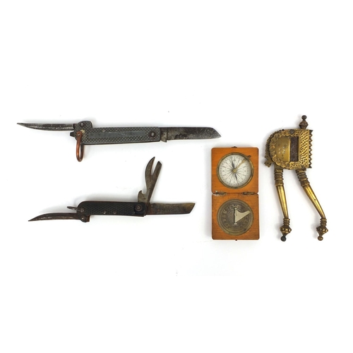 155 - Objects including two steel bladed folding knives and a pocket sun dial compass, the largest 17cm in... 