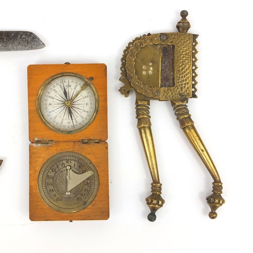 155 - Objects including two steel bladed folding knives and a pocket sun dial compass, the largest 17cm in... 