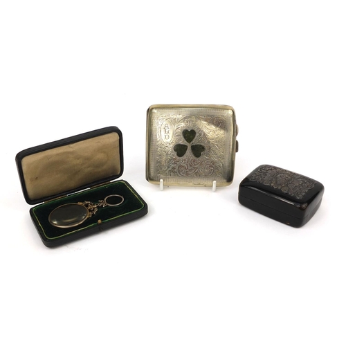 147 - Objects including an Irish interest silver plated cigarette case with green stone shamrock motif and... 