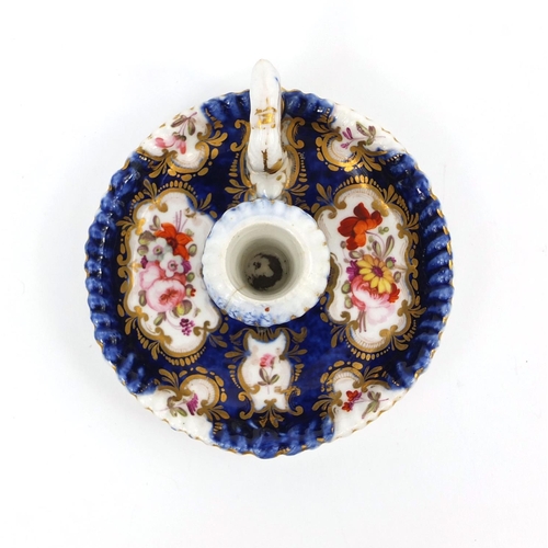 682 - Early 19th century miniature Coalport type porcelain chamber stick hand painted with flowers onto a ... 