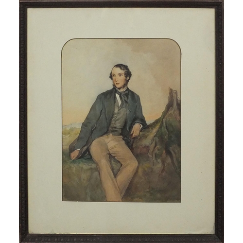 1291 - Victorian watercolour, formally dressed gentleman in a landscape, Parker Gallery label verso, mounte... 