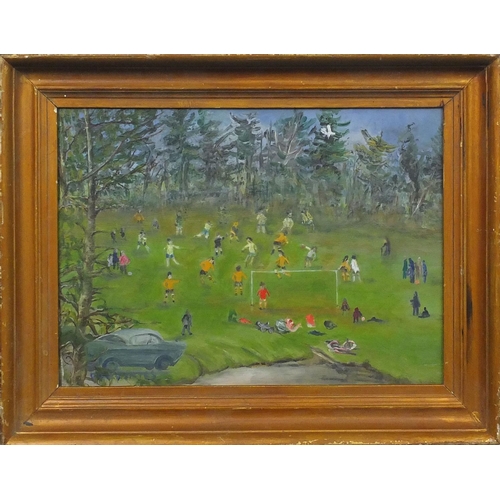 1211 - Oil onto board, figures playing football, bearing a signature Fred Yates, gilt framed, 38cm x 26cm e... 