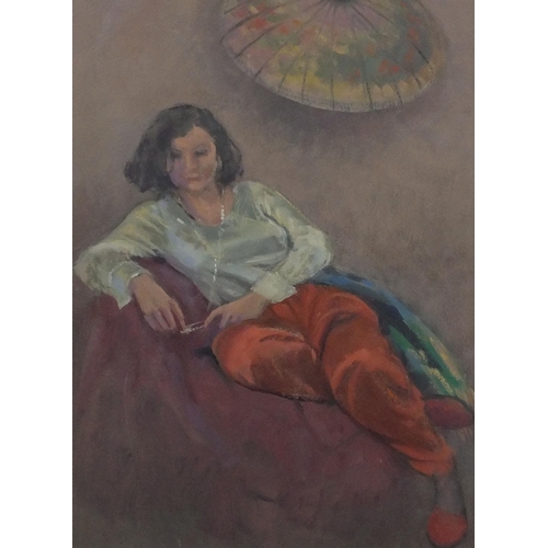 1299 - Anthony Baynes - Oil onto paper, seated female in an interior, inscribed verso, mounted and framed, ... 