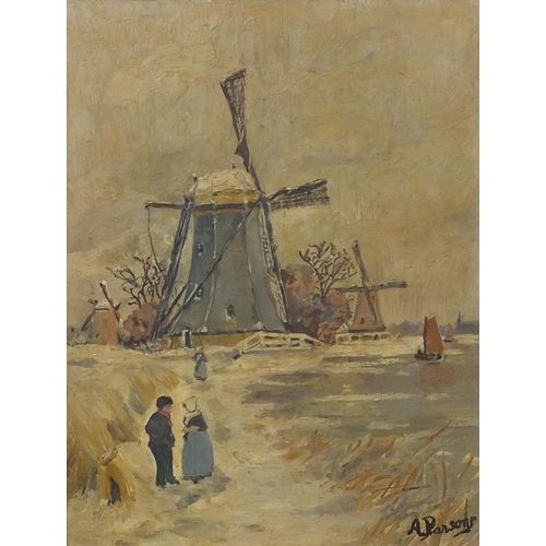 1276 - Oil onto board, figures in a winter landscape before windmills, bearing a signature A Parsons, frame... 