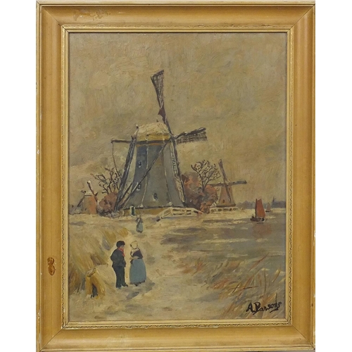 1276 - Oil onto board, figures in a winter landscape before windmills, bearing a signature A Parsons, frame... 