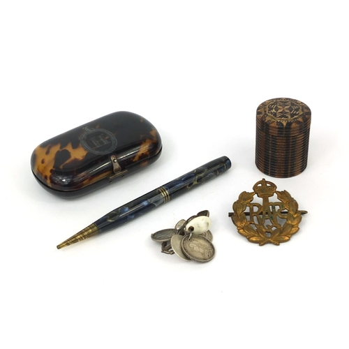 157 - Objects including a Victorian tortoiseshell concertina purse and a cylindrical Tunbridge ware pot an... 