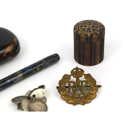 157 - Objects including a Victorian tortoiseshell concertina purse and a cylindrical Tunbridge ware pot an... 