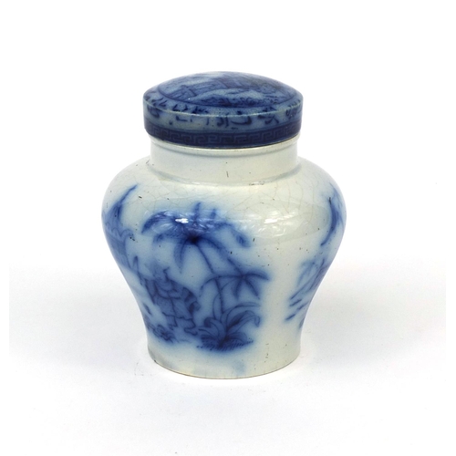 710 - 19th century blue and white Willow pattern pottery paste jar, transfer printed with oriental scenes,... 