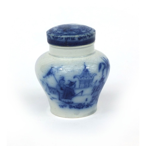 710 - 19th century blue and white Willow pattern pottery paste jar, transfer printed with oriental scenes,... 