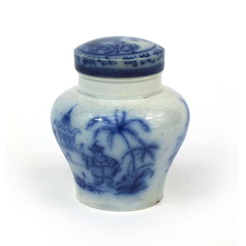 710 - 19th century blue and white Willow pattern pottery paste jar, transfer printed with oriental scenes,... 