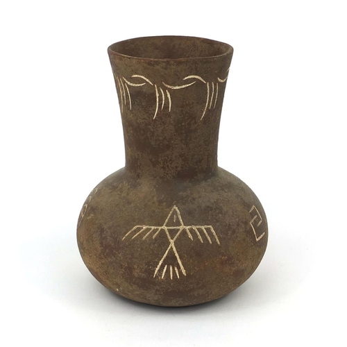 651 - Native American pottery vase with incised decoration, incised marks to the base, 17.5cm high