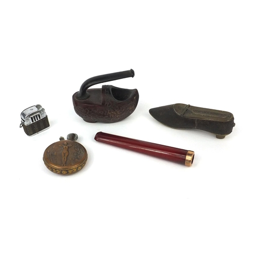 148 - Smoking interest objects including a cheroot with 9ct gold rim, brass and a leather bound shoe vesta... 