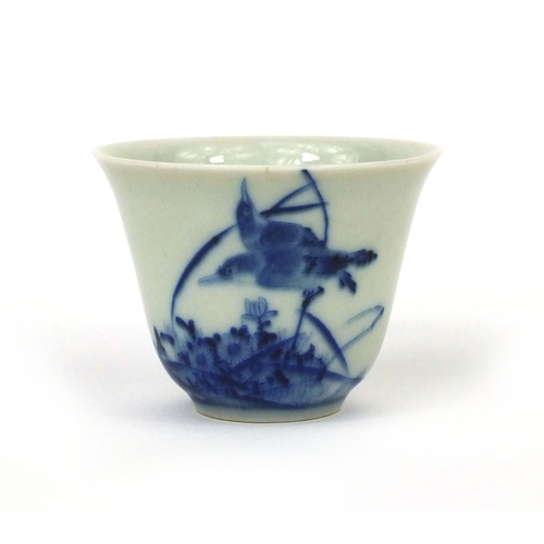 446 - Chinese blue and white porcelain tea bowl, hand painted with birds amongst flowers and foliage, six ... 