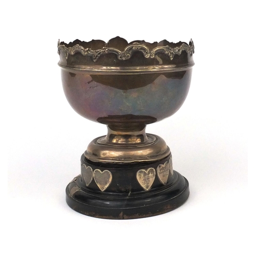 811 - Large pedestal bowl trophy for Crowborough cricket league 1921, raised on an ebonised wood base, ind... 