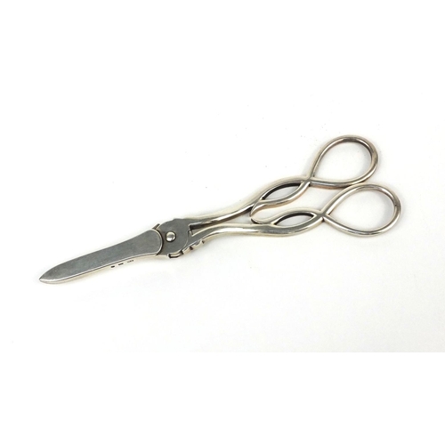 831 - Pair of Victorian silver grape scissors with serpent handles, Birmingham import marks, 15cm long,  a... 