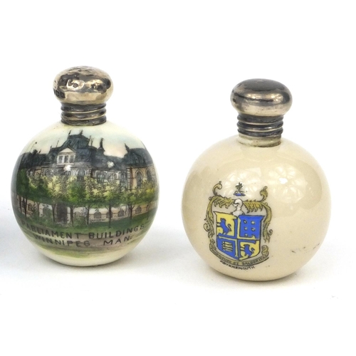 2441 - Three silver topped souvenir china items, together with a silver topped scent bottle, the souvenir c... 