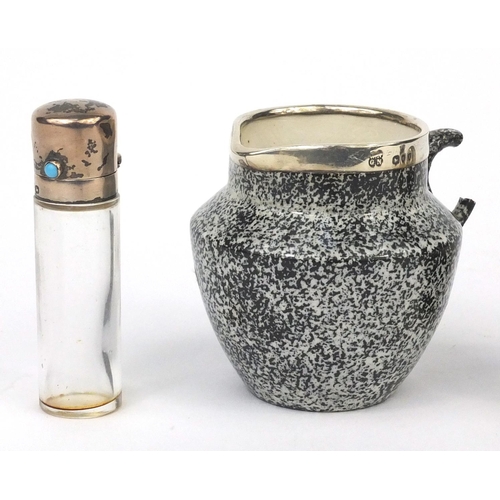 2441 - Three silver topped souvenir china items, together with a silver topped scent bottle, the souvenir c... 