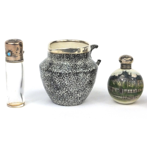 2441 - Three silver topped souvenir china items, together with a silver topped scent bottle, the souvenir c... 