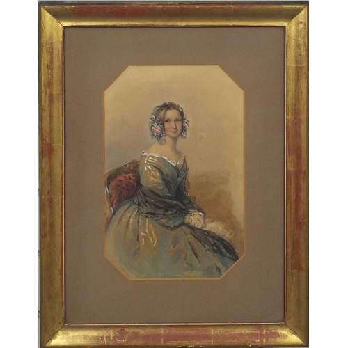 2189 - 19th century watercolour, seated lady, bearing a signature Anna 4/68, mounted and gilt framed, 30cm ... 