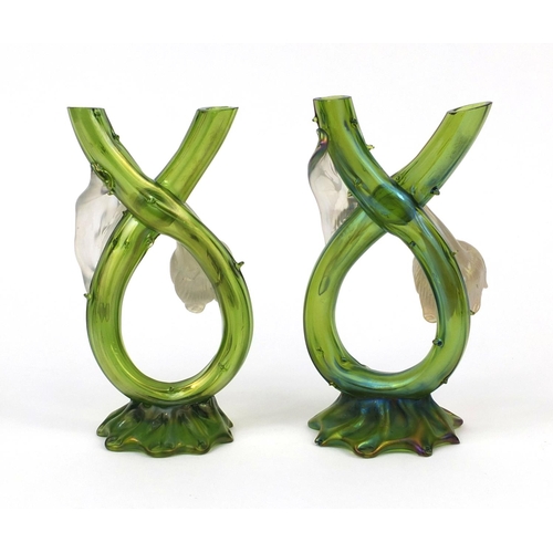 2321 - Pair of Loetz style green and iridescent glass vases, each 18.5cm high