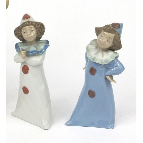 2129 - Nao clown together with three Nao Pierrots, each with factory marks to the base, the largest 30cm hi... 