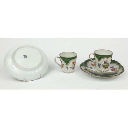 2320 - Dresden tea ware including a trio and a cup and saucer, each with hand painted floral decoration, ea... 