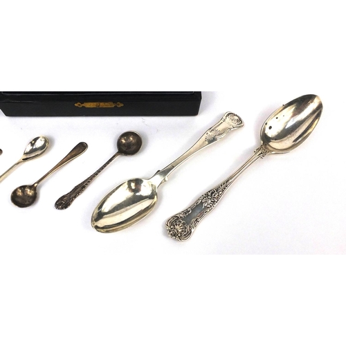 2458 - Assorted silver items including a Scottish silver spoon, pair of cut glass salts with silver collars... 