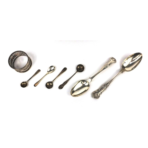 2458 - Assorted silver items including a Scottish silver spoon, pair of cut glass salts with silver collars... 