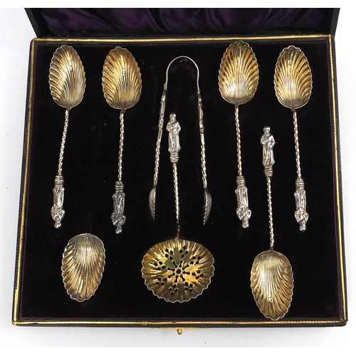 2457 - Silver items comprising matched set of six teaspoons, each decorated to the underside of the bowls, ... 